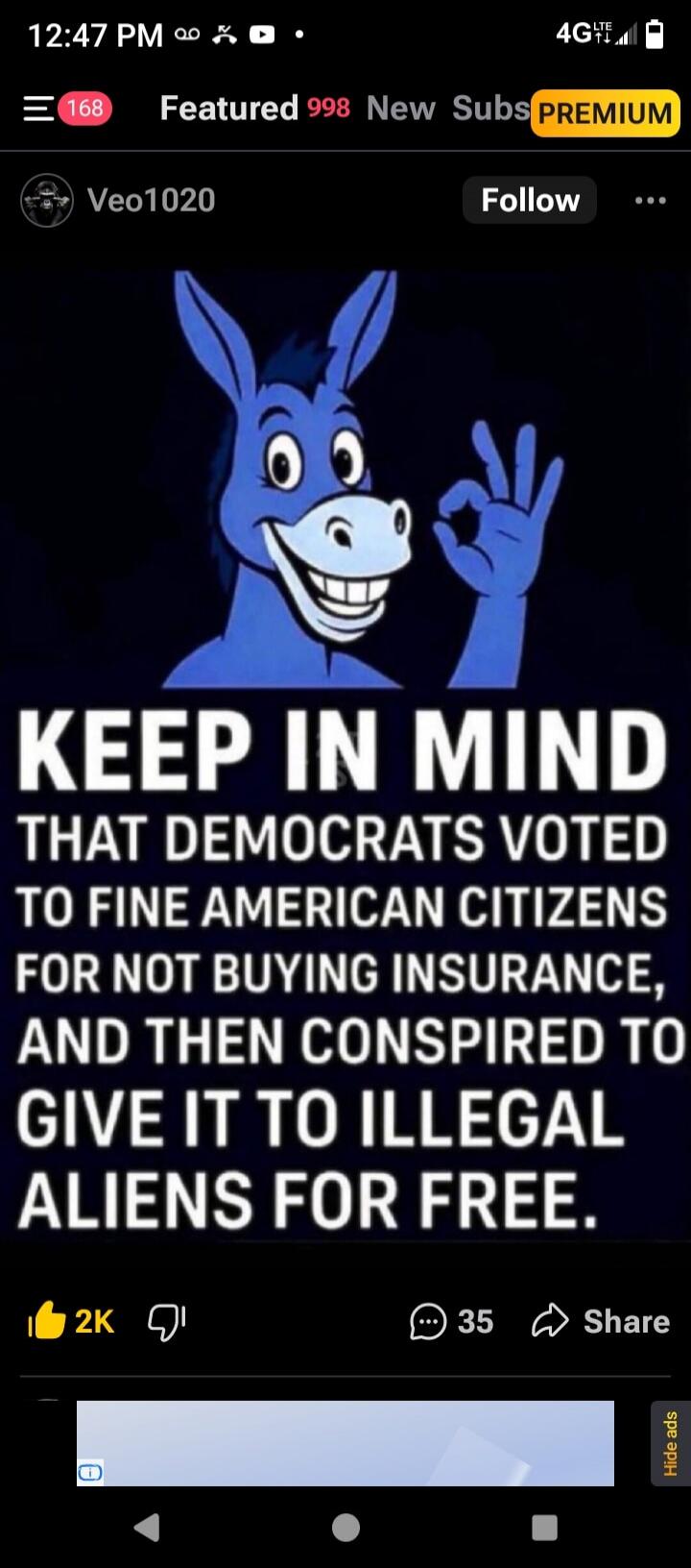 KEEP IN MIND THAT DEMOCRATS VOTED TO FINE AMERICAN CITIZENS FOR NOT BUYING INSURANCE, AND THEN CONSPIRED TO GIVE IT TO ILLEGAL ALIENS FOR FREE.