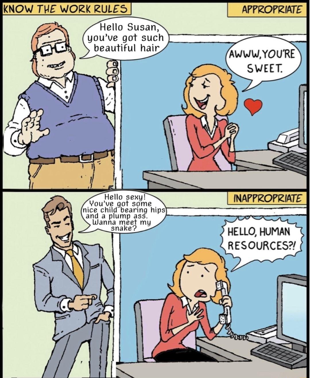 KNOW THE WORK RULES APPROPRIATE Hello Susan youve got such beautiful hair Hello sexy INAPPROPRIATE Youve got some nice child bearing hips and a plump ass Wanna meet my snake