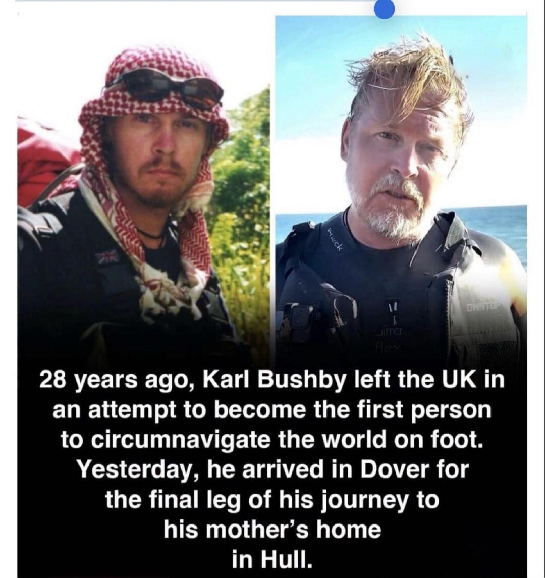 28 years ago, Karl Bushby left the UK in an attempt to become the first person to circumnavigate the world on foot. Yesterday, he arrived in Dover for the final leg of his journey to his mother's home in Hull.