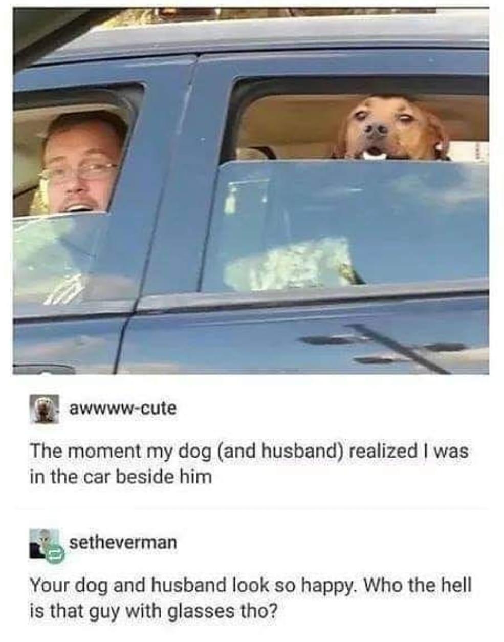 The moment my dog and husband realized was in the car beside him setheverman Your dog and husband look so happy Who the hell is that guy with glasses tho