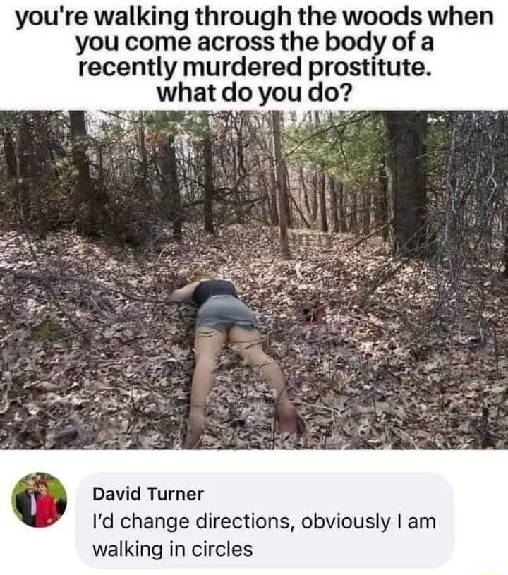 youre walking through the woods when you come across the body of a recently murdered prostitute what do you do David Turner Id change directions obviously am walking in circles
