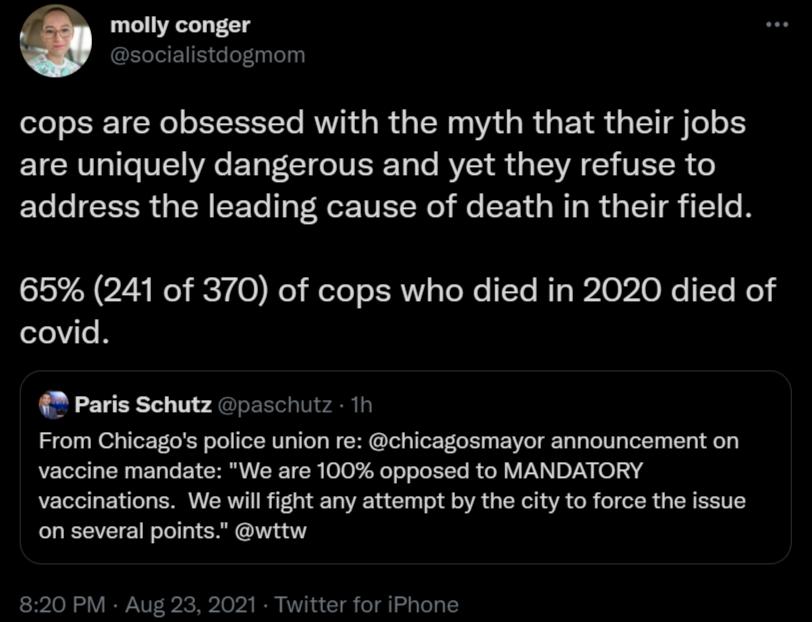 molly conger S JOENE o ofylelyy ole o T N o o ISIYTo RNV T d g R s TN 20 ViU s R d g Y R LT I o o5 TRV IO VI WA E Ta T T o U T T RYS R TSIV Y VETCR o address the leading cause of death in their field S O Z AN R T0 KoY M To RN g Lo Xo 1Ye Rig W2l 0 Mo Y Kol eleVe B Paris Schutz paschutz 1h From Chicagos police union re chicagosmayor announcement on vaccine mandate We are 100 opposed to MANDATORY va