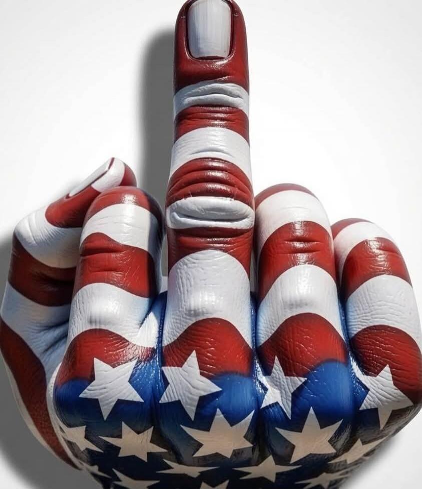 A hand painted with the American flag design, showing the middle finger.