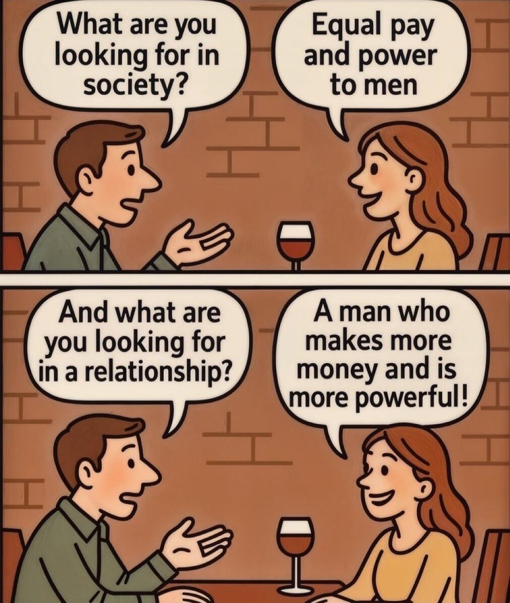 What are you looking for in society?
Equal pay and power to men
And what are you looking for in a relationship?
A man who makes more money and is more powerful!