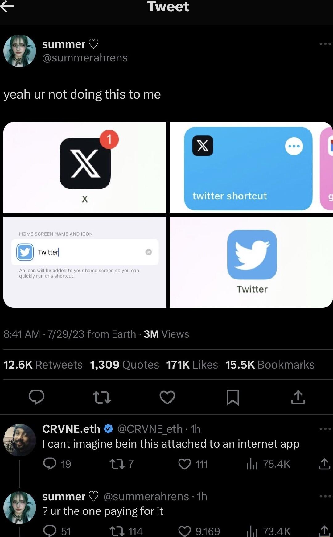 S Tweet BN summer O 3 yeah ur not doing this to me 126K 1309 171K 155K CRVNEeth I cant imagine bein this attached to an intemet app PESY summer O 29 2ur the one paying for it V