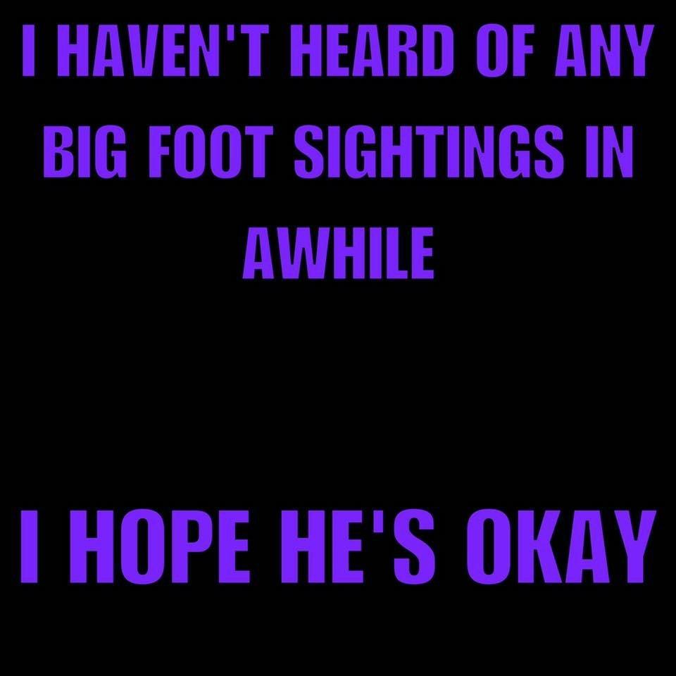 HAVENT HEARD OF ANY BIG FOOT SIGHTINGS IN AWHILE HOPE HES OKAY