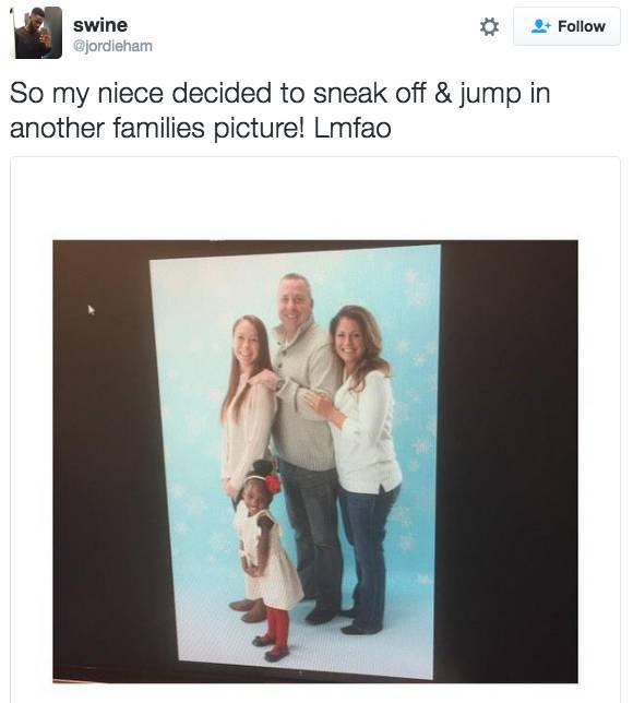 swine 2 Folow So my niece decided to sneak off jump in another families picture Lmfao
