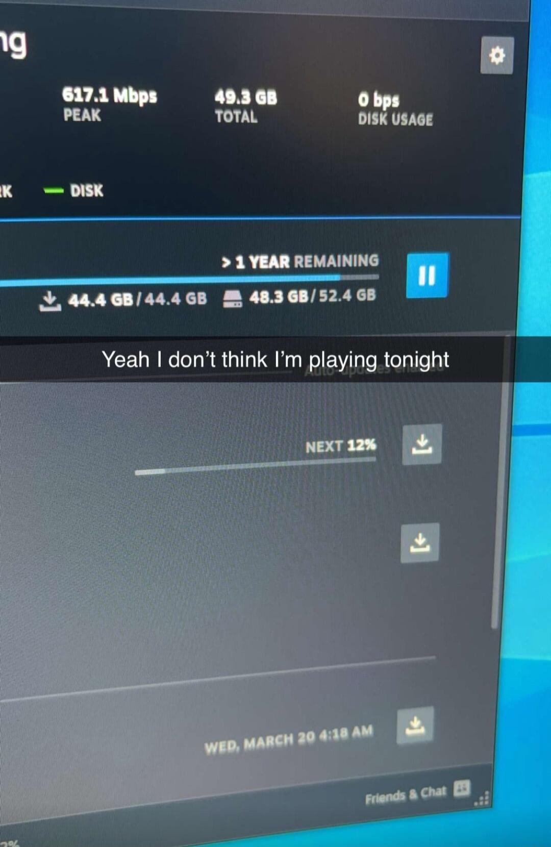 I o L AT 49308 Obps PEAK TOTAL DISK UsAGE K DIk 1 YEAR REMAINING 144468 1 48368524 Yeah dont think Im playing tonight