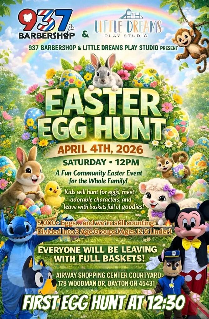 937 Barbershop & Little Dreams Play Studio present Easter Egg Hunt. April 4th, 2026, Saturday at 12 PM. A fun community Easter event for the whole family! Kids will hunt for eggs, meet adorable characters, and leave with baskets full of goodies! 5,000+ Eggs... and we're still counting! Divided into 3 age groups (ages 12 & under). Everyone will be l