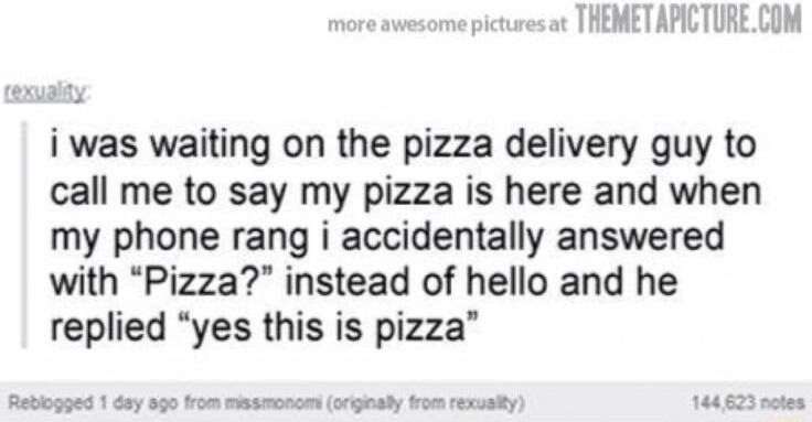 ot THEMETAPICTURECOM i was waiting on the pizza delivery guy to call me to say my pizza is here and when my phone rang i accidentally answered with Pizza instead of hello and he replied yes this is pizza