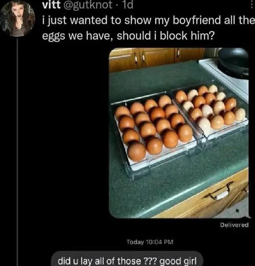 vitt gutknot 1d i just wanted to show my boyfriend all the eggs we have should i block him Oulivered Today 1004 PM did u lay all of those 77 good girl