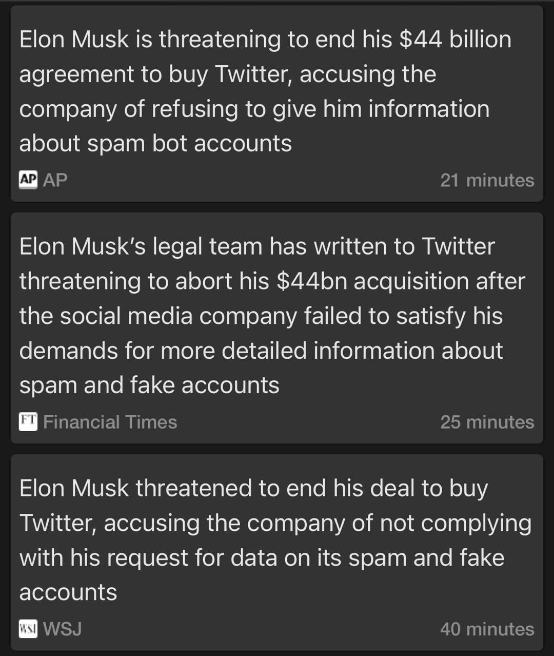 ST WY V QIR CE Clallale o Tale Mo TESgYi N o oy ETe TT 0a ol B o N o IO VT ST Tol N S g Te R g Y company of refusing to give him information l oJo0 Yo F1ag oTo ToToTo1 U 3 AP 21 minutes Elon Musks legal team has written to Twitter threatening to abort his 44bn acquisition after the social media company failed to satisfy his demands for more detailed information about S EINEC R Coo8 a1 S Financial 