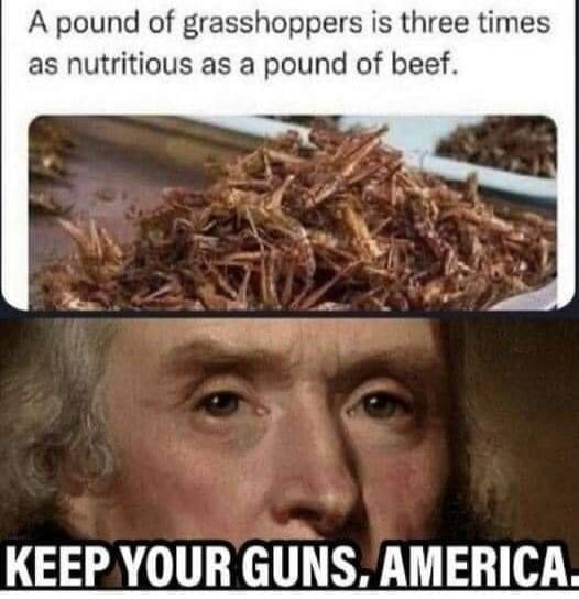A pound of grasshoppers is three times as nutritious as a pound of beef. KEEP YOUR GUNS, AMERICA.
