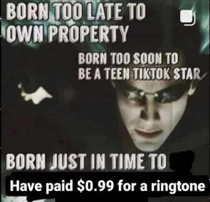 BORNTOO LATE TO OWNPROPERTY BORN T0D 00M TO BE A TEENTIKTOK STAR T y BORN JUST IN TIMETO Have paid 099 for a ringtone