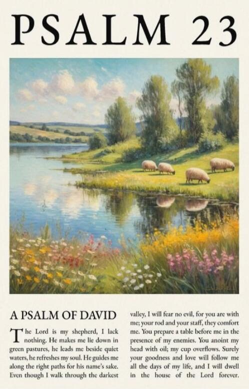 PSALM 23
A PSALM OF DAVID
The Lord is my shepherd; I lack nothing. He makes me lie down in green pastures, he leads me beside quiet waters, he refreshes my soul. He guides me along the right paths for his name's sake. Even though I walk through the darkest valley, I will fear no evil, for you are with me; your rod and your staff, they comfort me. Y