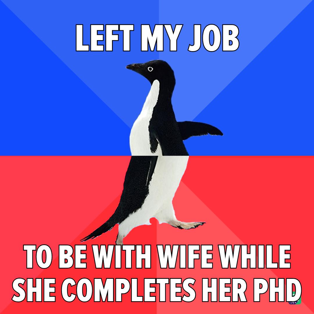 LEFT MY JOB TO BE WITH WIFE WHILE SHE COMPLETES HER PHD