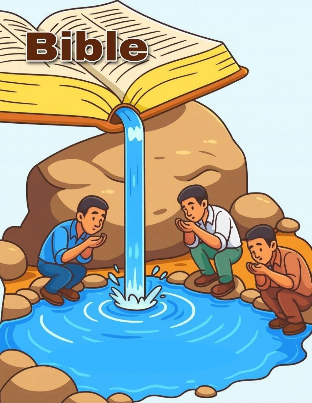 Bible
Three men are kneeling and praying around a fountain of water that pours from an open, oversized Bible.