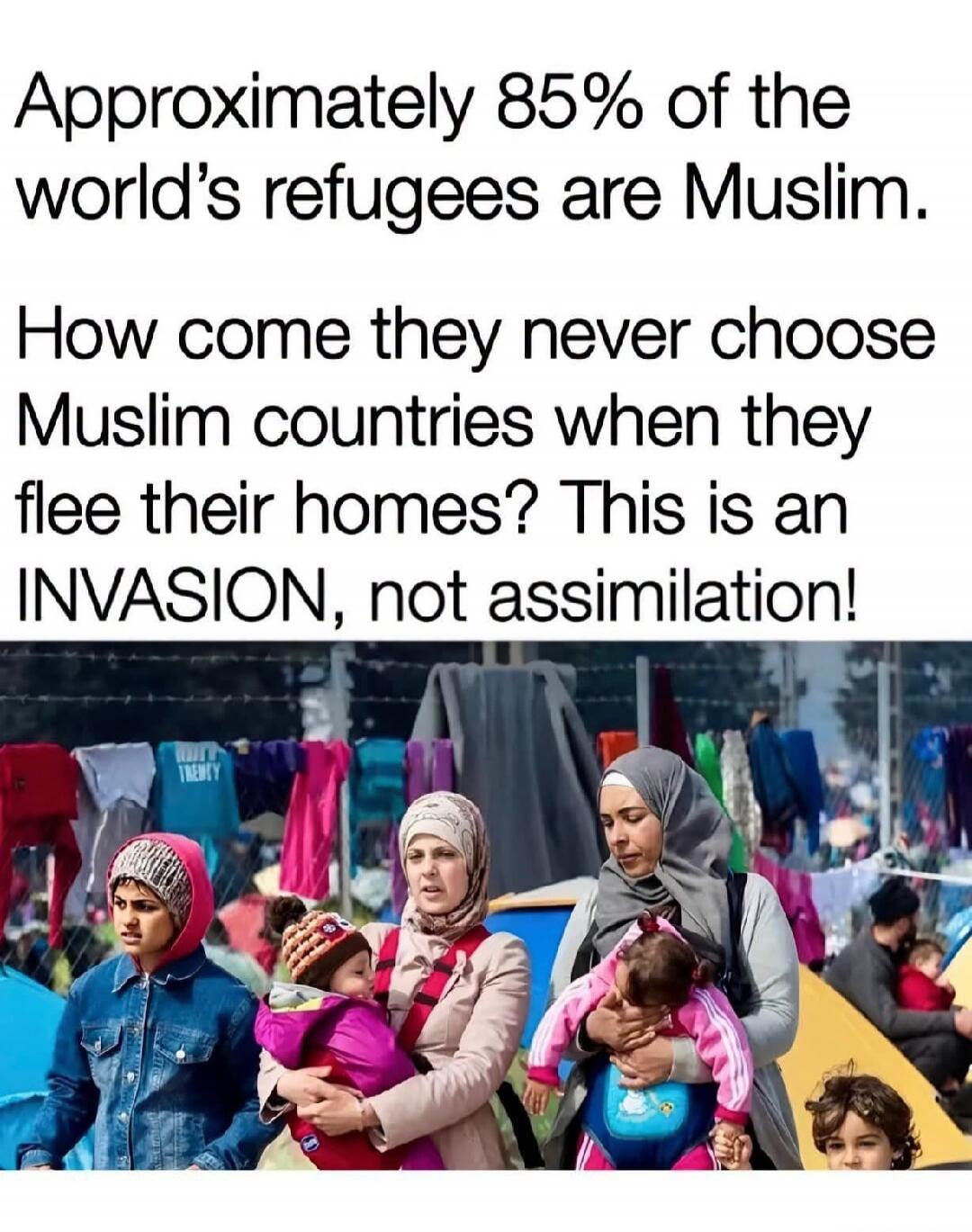 Approximately 85% of the world's refugees are Muslim. How come they never choose Muslim countries when they flee their homes? This is an INVASION, not assimilation!