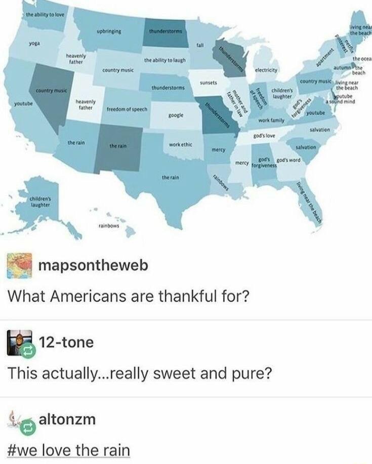 mapsontheweb What Americans are thankful for 12 tone This actuallyreally sweet and pure 19 altonzm we love the rain