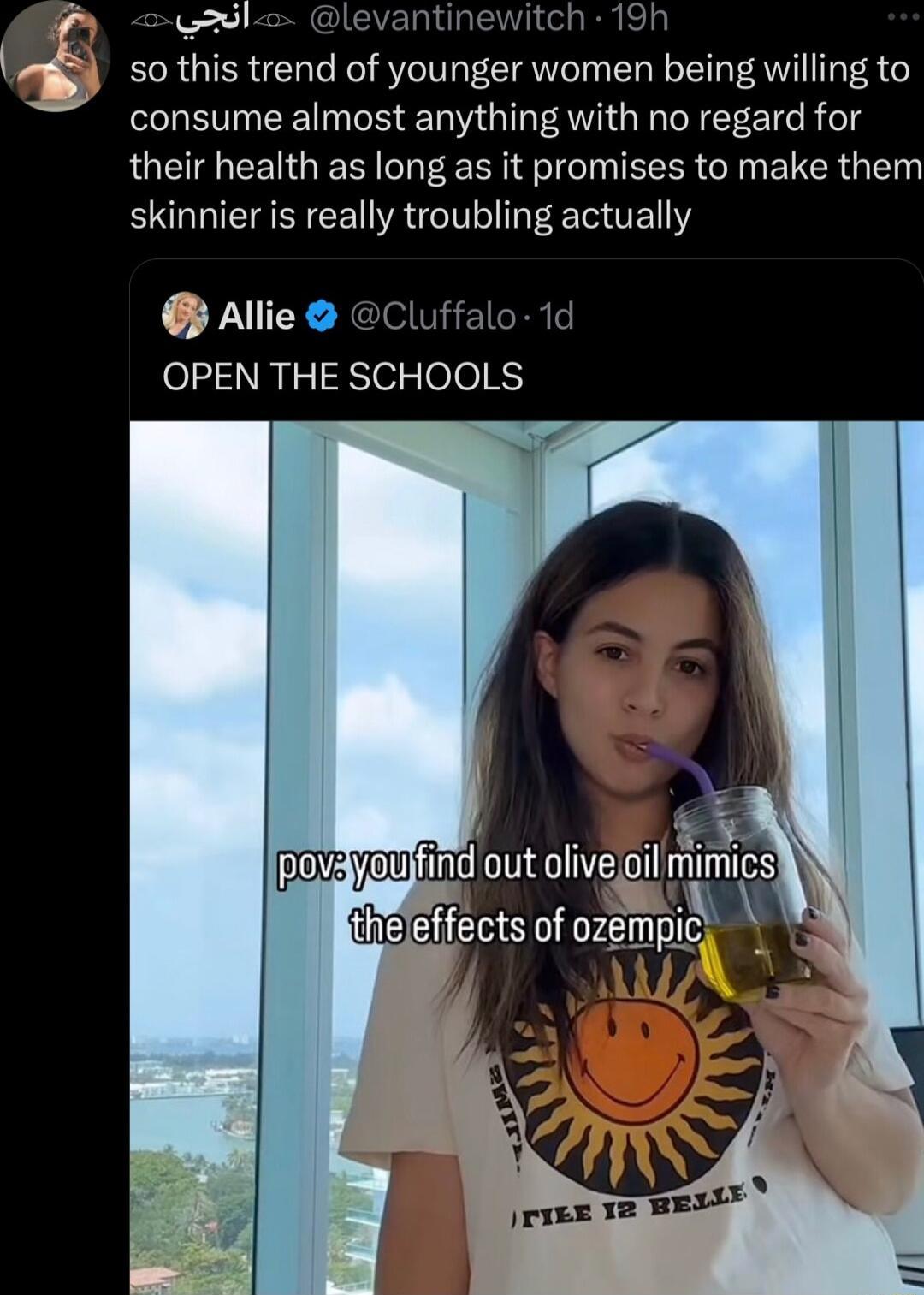 ke so this trend of younger women being willing to consume almost anything with no regard for their health as long as it promises to make them skinnier is really troubling actually Allie Cluffalo 1c OPEN THE SCHOOLS