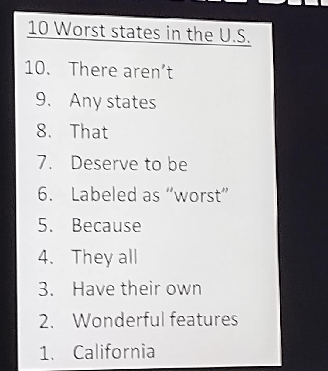 10 Worst states in the U.S. 10. There aren't 9. Any states 8. That 7. Deserve to be 6. Labeled as 