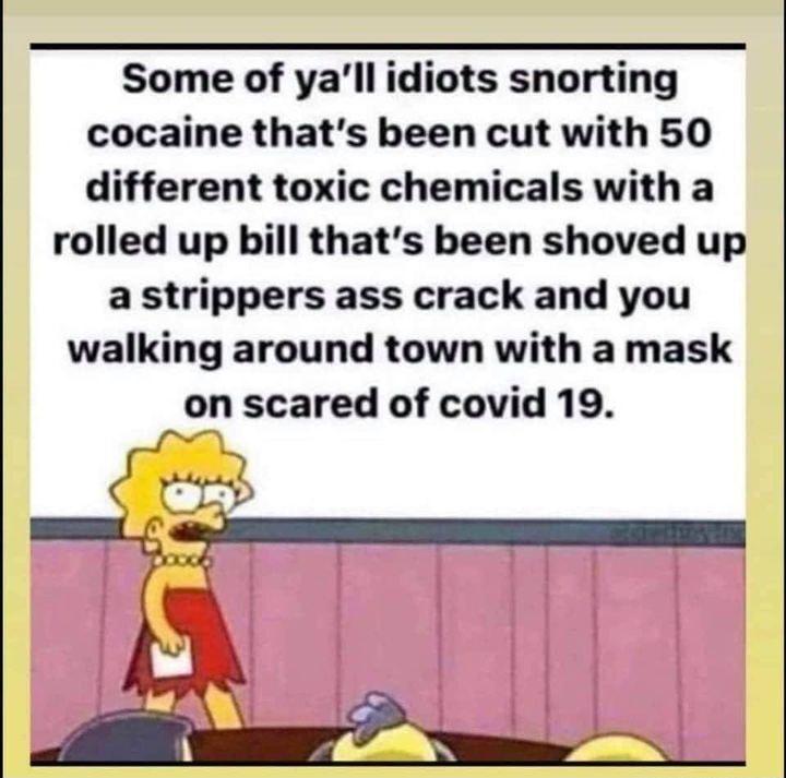 Some of yall idiots snorting cocaine thats been cut with 50 different toxic chemicals with a rolled up bill thats been shoved up a strippers ass crack and you walking around town with a mask on scared of covid 19