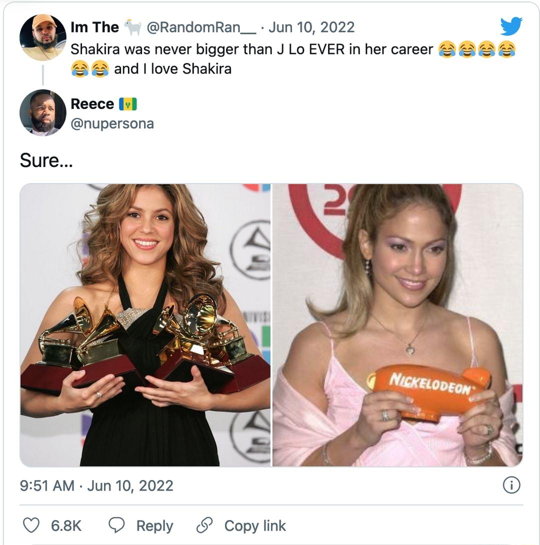 Im The RandomRan__ Jun 10 2022 L 4 Shakira was never bigger than J Lo EVER in her career 22 22 22 22 2 2 and love Shakira Reece 4 nupersona Sure 951 AM Jun 10 2022 Q 68K O Reply Copy link