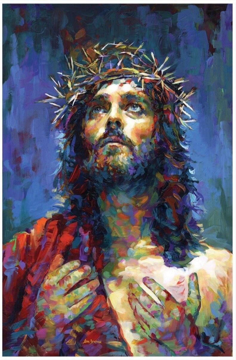 The painting depicts Jesus Christ wearing a crown of thorns, looking upwards with a pensive expression. The artwork is characterized by its vibrant, impressionistic style, with bold brushstrokes and a rich color palette. The background is a deep blue, contrasting with the colorful depiction of Jesus. His hands are clasped near his chest, and his ey