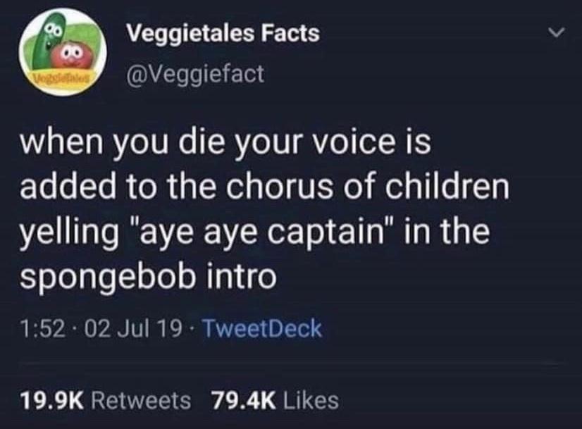 Veggietales Facts S when you die your voice is 6 o To R o R s Nl s o NENo Mol a11e Ty yelling aye aye captain in the spongebob intro RS YARN 0 AN V TR VTN LTl 8 R QI Gy R QNS