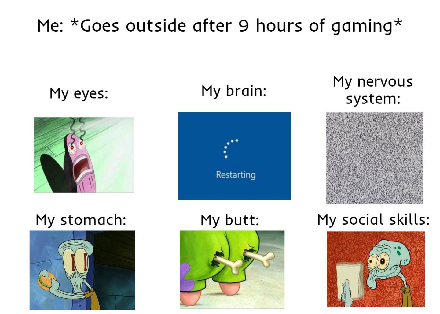 Me Goes outside after 9 hours of gaming My nervous system My brain My social skills
