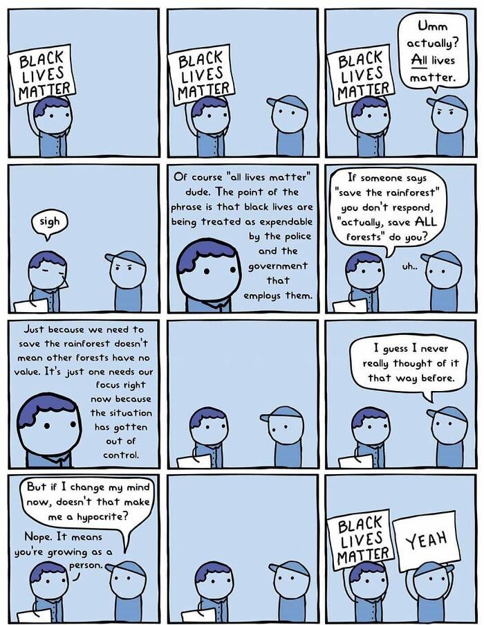 Umm actually Al lives OF course all lives matter dude The point of the phrase is that black lives are being treated as expendable by the police and the government that emplogs them If someone says sove the rainforest you dont respond actualy save ALL forests do you Just because we need to save the rainforest doesnt mean other forests have no valve Its just one needs our Focus right now because the