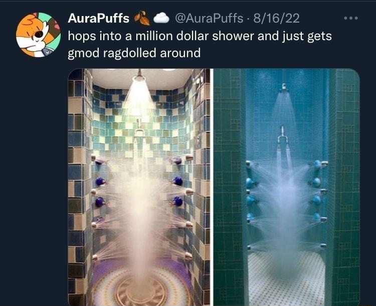 AuraPuffs 73 AuraPuffs 81622 hops into a million dollar shower and just gets gmod ragdolled around