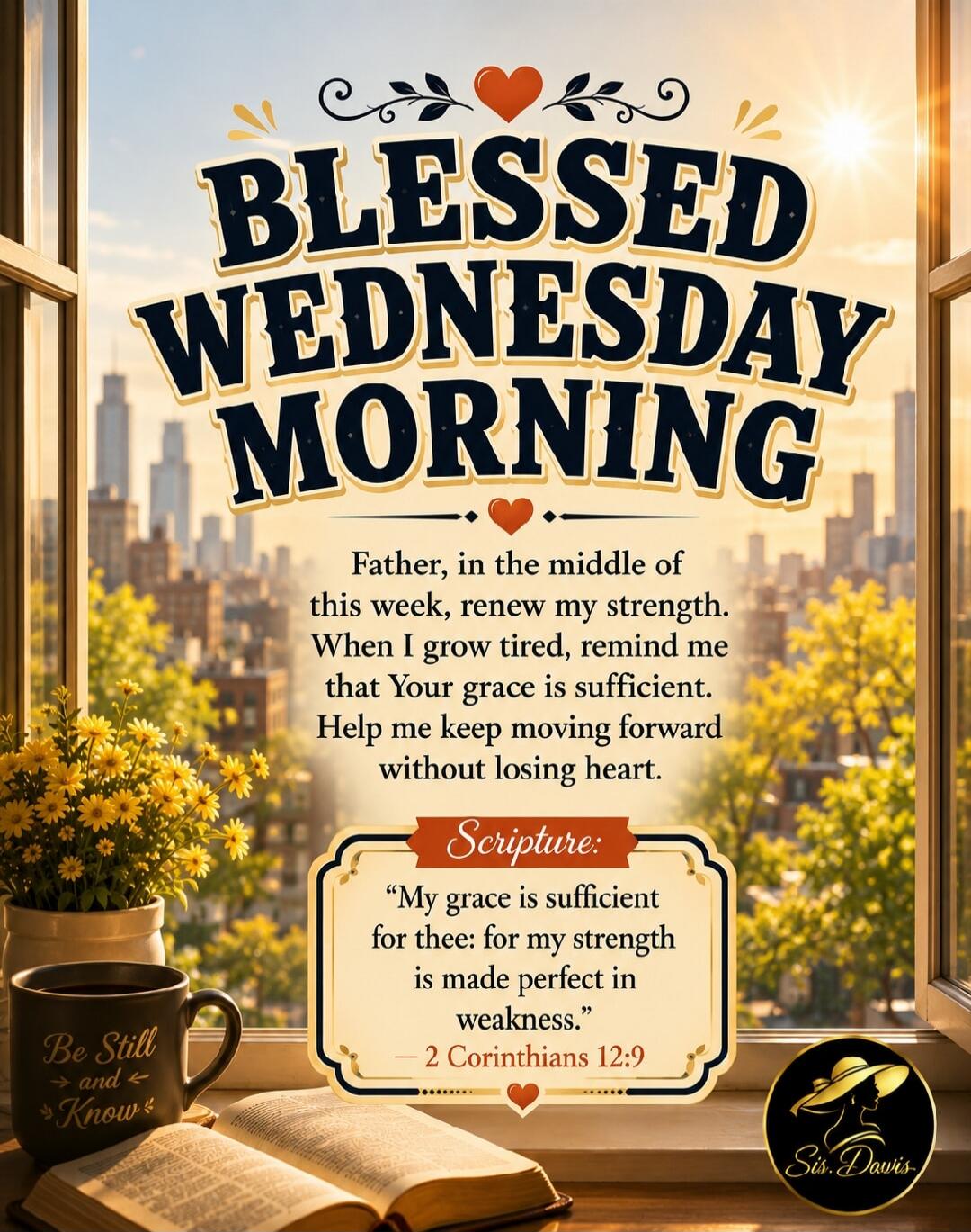 BLESSED WEDNESDAY MORNING Father, in the middle of this week, renew my strength. When I grow tired, remind me that Your grace is sufficient. Help me keep moving forward without losing heart. Scripture: 