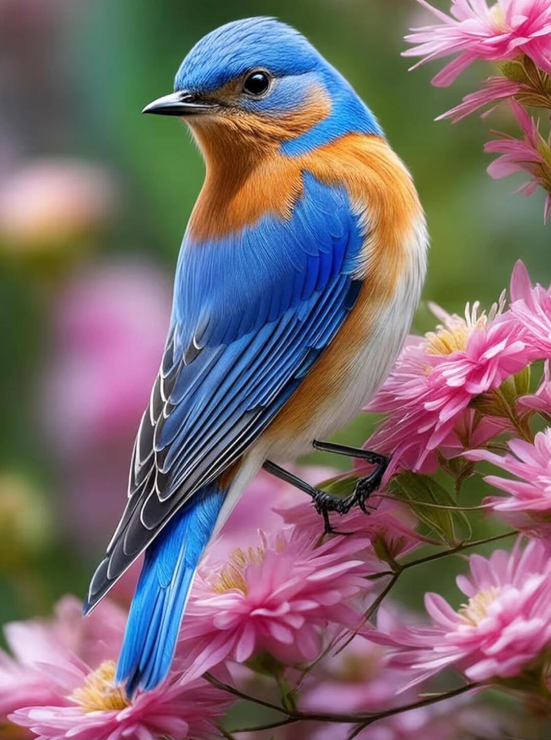 A blue-and-orange bird perched on pink flowers.