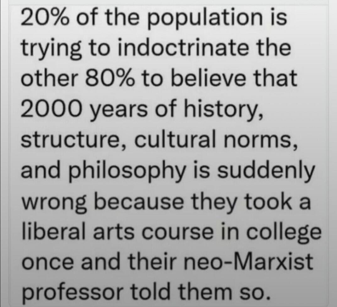 20% of the population is trying to indoctrinate the other 80% to believe that 2000 years of history, structure, cultural norms, and philosophy is suddenly wrong because they took a liberal arts course in college once and their neo-Marxist professor told them so.