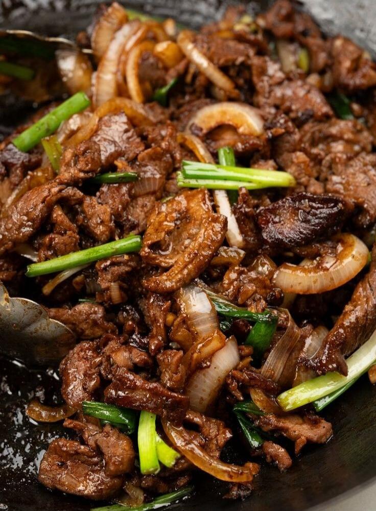 Beef stir-fry with onions and green onions.