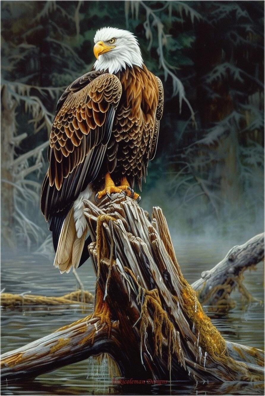 A regal bald eagle perched on a weathered tree stump by a misty body of water, with a forest backdrop.