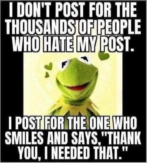 I DON'T POST FOR THE THOUSANDS OF PEOPLE WHO HATE MY POST. I POST FOR THE ONE WHO SMILES AND SAYS, 