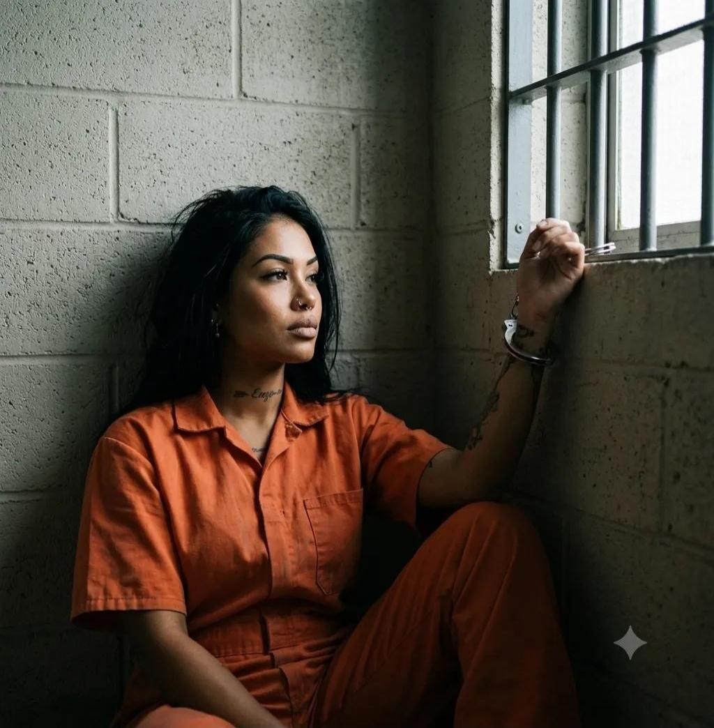 A woman in an orange prison jumpsuit sits on the floor of a cell, looking out a barred window. One hand is handcuffed to the window bars.