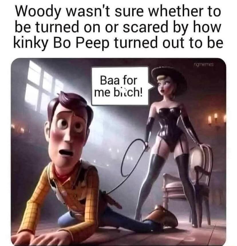 Woody wasnt sure whether to be turned on or scared by how kinky Bo Peep turned out to be