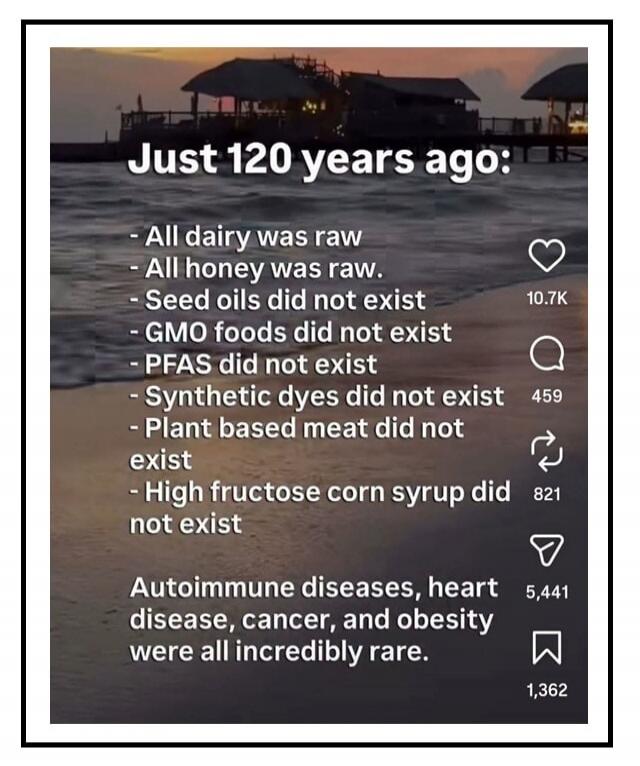Just 120 years ago: All dairy was raw. All honey was raw. Seed oils did not exist. GMO foods did not exist. PFAS did not exist. Synthetic dyes did not exist. Plant based meat did not exist. High fructose corn syrup did not exist. Autoimmune diseases, heart disease, cancer, and obesity were all incredibly rare.