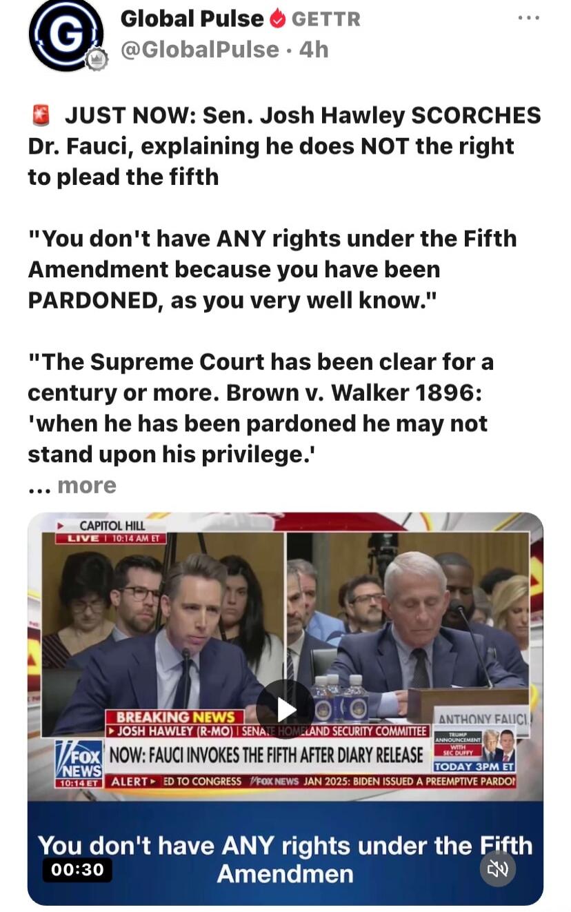 JUST NOW: Sen. Josh Hawley SCORCHES Dr. Fauci, explaining he does NOT the right to plead the fifth. 