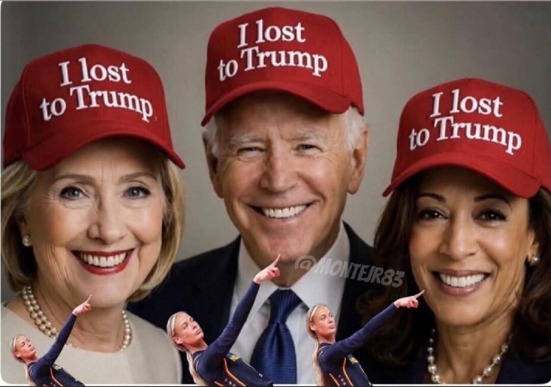 I lost to Trump is written on three red caps worn by Hillary Clinton, Joe Biden, and Kamala Harris. A watermark '@MONTEJR83' is visible. Small images of a female athlete pointing are superimposed.