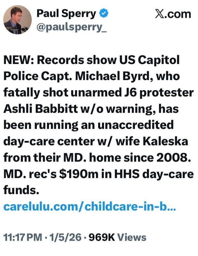 NEW: Records show US Capitol Police Capt. Michael Byrd, who fatally shot unarmed J6 protester Ashli Babbitt w/o warning, has been running an unaccredited day-care center w/ wife Kaleska from their MD. home since 2008. MD. rec's $190m in HHS day-care funds. carelulu.com/childcare-in-b...