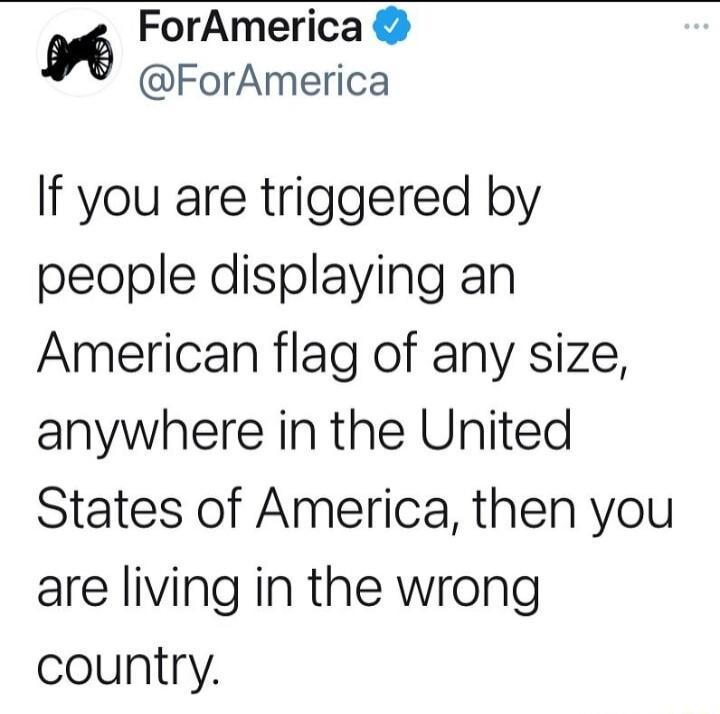 6 ForAmerica ForAmerica If you are triggered by people displaying an American flag of any size anywhere in the United States of America then you are living in the wrong country