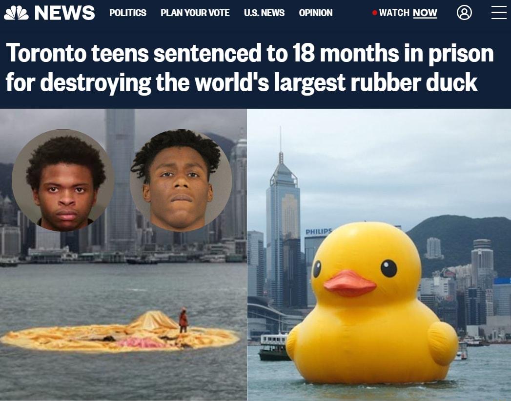 NEWS roumcs momwn uswews omeow wicwiow Toronto teens sentenced to 18 months in prison for destroying the worlds largest rubber duck