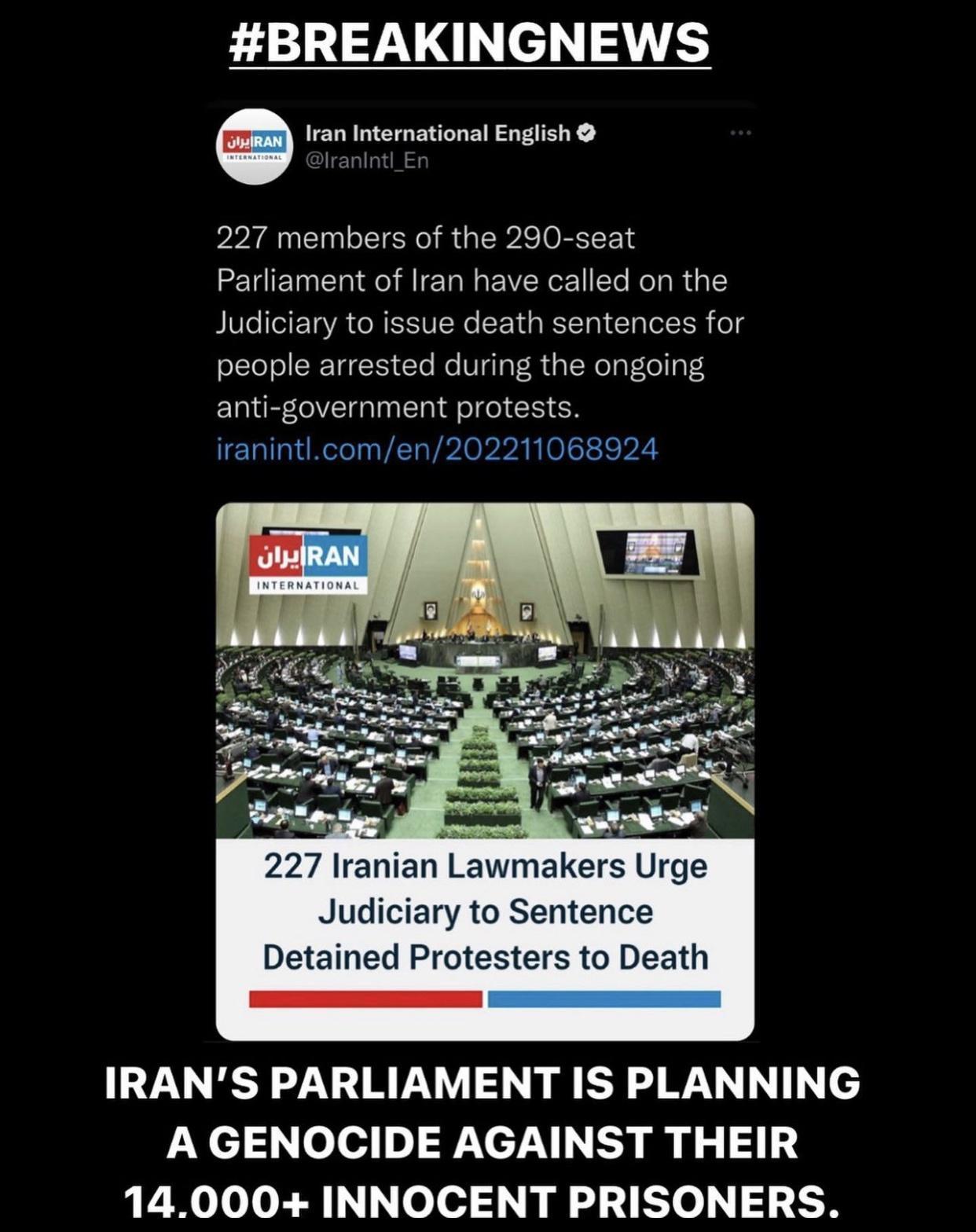 BREAKINGNEWS Iran Internationsl English 227 members of the 290 seat Parliament of Iran have called on the Judiciary to issue death sentences for people arrested during the ongoing anti government protests iranintlcomen202211068924 oy S5 e 227 Iranian Lawmakers Urge Judiciary to Sentence Detained Protesters to Death IRANS PARLIAMENT IS PLANNING A GENOCIDE AGAINST THEIR 14000 INNOCENT PRISONERS