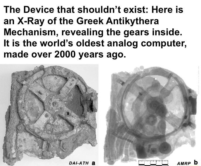 The Device that shouldnt exist Here is an X Ray of the Greek Antikythera Mechanism revealing the gears inside It is the worlds oldest analog computer made over 2000 years ago DAI ATH