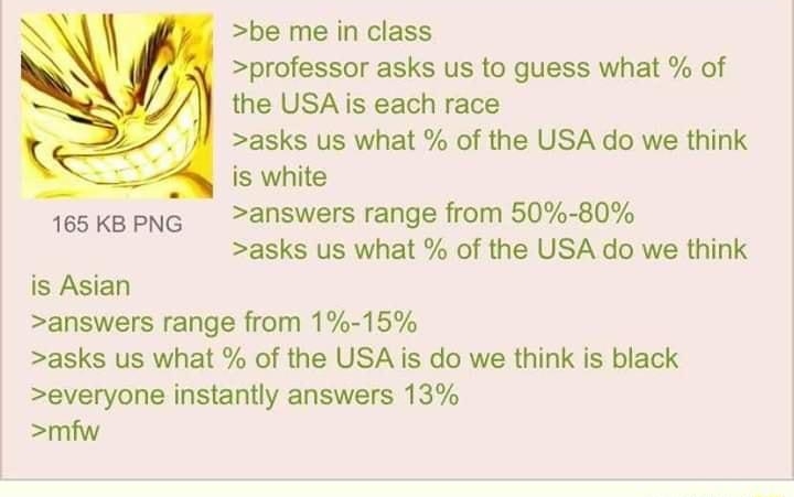 be me in class professor asks us to guess what of the USAis each race asks us what of the USA do we think is white 165KBPNG answers range from 50 80 asks us what of the USA do we think is Asian answers range from 1 15 asks us what of the USA is do we think is black everyone instantly answers 13 mfw