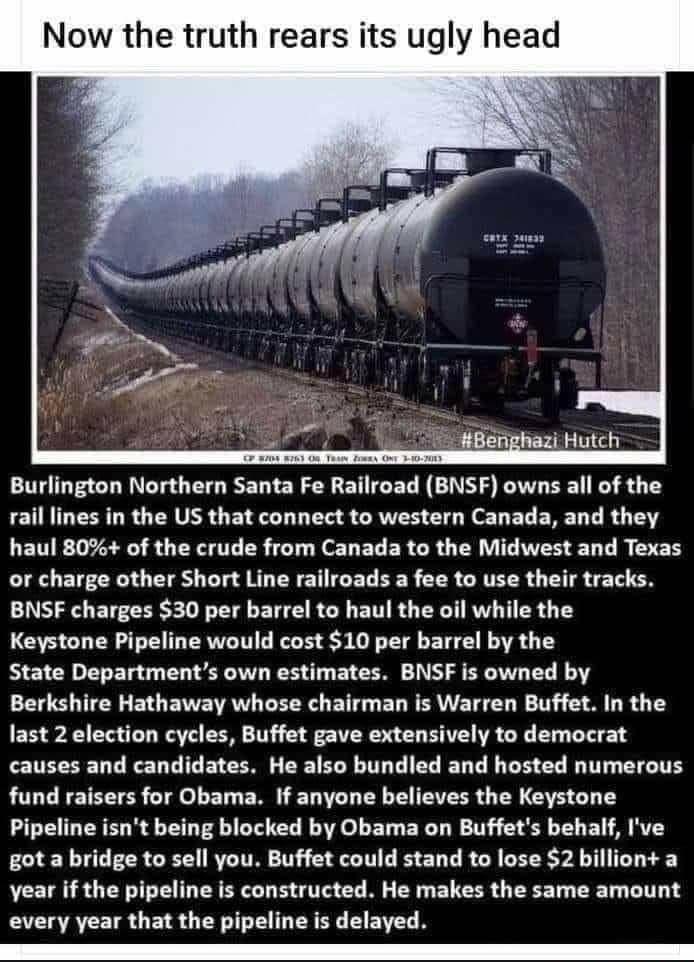 Now the truth rears its ugly head Burlington Northern Santa Fe Railroad BNSF owns all of the EIRLES LR GRS GRS L A S CRVER S O Ne L EL ERE D T R 0 LETTRD PG R U TR R LT e LELER LR TR LIV EL L R S EH or charge other Short Line railroads a fee to use their tracks BNSF charges 30 per barrel to haul the oil while the Keystone Pipeline would cost 10 per barrel by the State Departments own estimates BNS